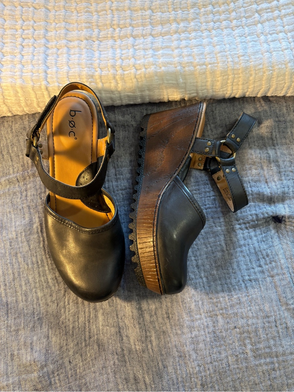 b.o.c. Black Leather Wedge Clogs with Ankle Strap